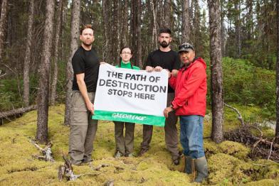 Greenpeace-Aktivisten und Cree-Mitglieder stehen im Broadback Valley Forest und halten gemeinsam ein Banner mit der Aufschrift "The Path of Destruction Stops Here".