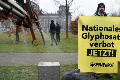 Mit einem Traktor spritzen Greenpeace-Aktivisten Wasser vor den Reichstag. Damit protestieren sie gegen die Entscheidung von Landwirtschaftsminister Christian Schmidt, Glyphosat um weitere fünf Jahre zuzulassen. Sie fordern ein nationales Glyphosat-Verbot
