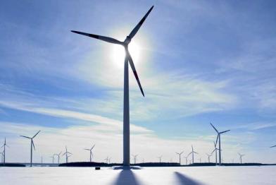 Auf schneebedecktem Feld stehen rund zwei Dutzend Windräder