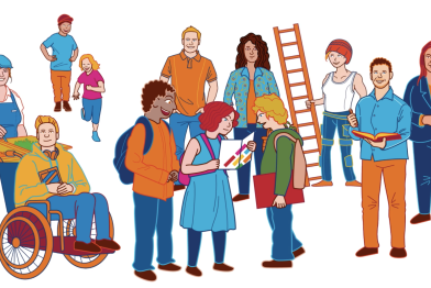 Illustration einer Schulgemeinschaft mit Schüler:innen, Lehrer:innen, Eltern, Mensa-Mitarbeiterin und Hausmeister:in