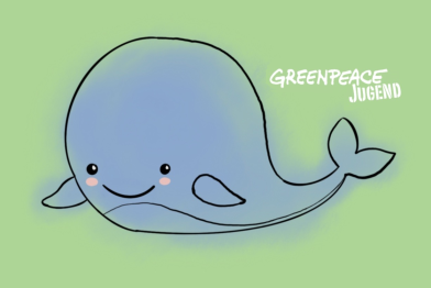 Ein glücklicher gezeichneter Wal mit Greenpeace Jugend Logo