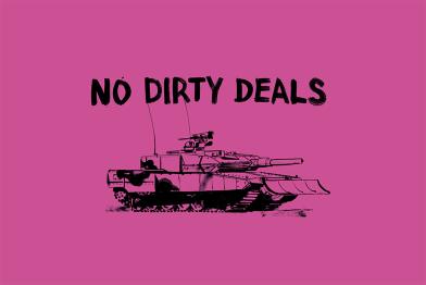pinker Hintergrund mit gemaltem Panzer und dem Spruch "No dirty deals“