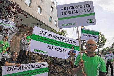 Greenpeace-Aktivisten und Bauern haben einen Misthaufen vor die Tür des Bauerntages geschüttet; sie demonstrieren gegen Massentierhaltung und für bäuerliche Landwirtschaft.
