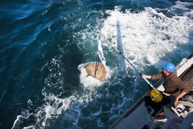 Greenpeace-Aktivisten versenken Natursteine in der Klaverbank, um sie vor Grundschleppnetzfischerei zu schützen, Juni 2011