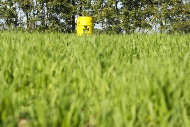 Symbolisches Atommüllfass auf einer Wiese.