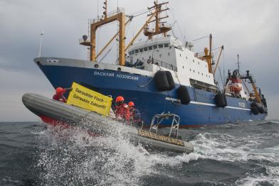 Februar 2011: Greenpeace-Aktivisten protestieren vor der senegalesischen Küste gegen den russischen Trawler "Vasilij Lozovskij"