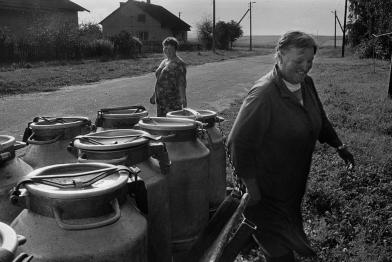 Ljudmila Nowikowa sammelt die Milch der kollektiven Farm im verstrahlten Ort ein, August 2005.