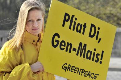 "Pfiat Di, Gen-Mais", steht auf einem Schild, das eine Greenpeace-Aktivistin 2009 vor dem bayerischen Landtag hält.