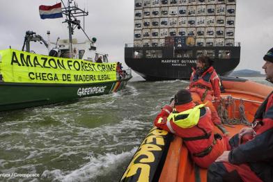 Greenpeace-Aktivisten im Schlauchboot verfolgen das Schiff "Marfretd Guyane"