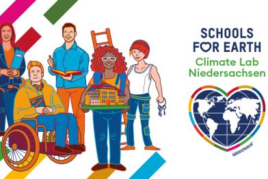Illustration einer Schulgemeinschaft und Logo Schools for Earth Climate Lab Niedersachsen