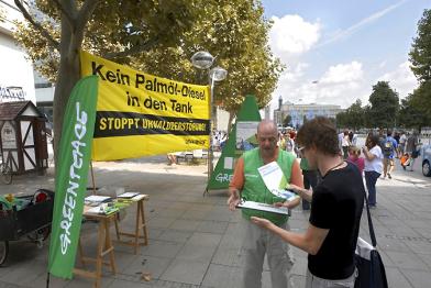 Stuttgarter Greenpeace-Aktivisten protestieren gegen das klima- und umweltschädliche Palmöl-Projekt. 08/21/2010