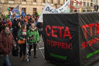 Greenpeace und rund 50.000 Teilnehmer der "Wir haben es satt!"-Demo fordern "Stoppt Tierfabriken, TTIP und Gentechnik" .