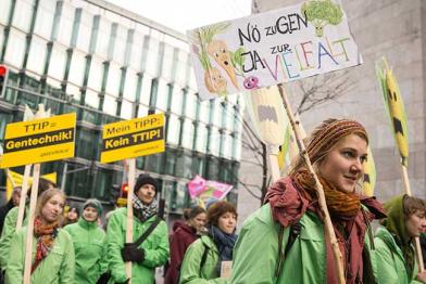 Aktivisten fordern auf der "Wir haben es satt!"-Demo "Stoppt Tierfabriken, TTIP und Gentechnik". Sie tragen Schilder mit der Aufschrift "TTIP = Gentechnik".