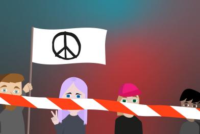 Grafik zeigt Menschendemo mit Absperrband vor dem Mund