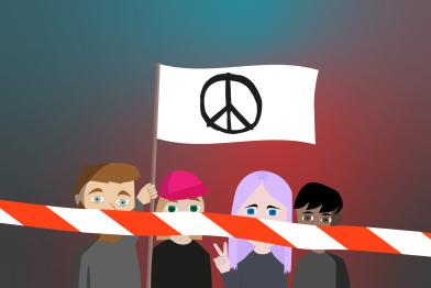 Grafik zeigt Menschen mit Absperrband vor Mund