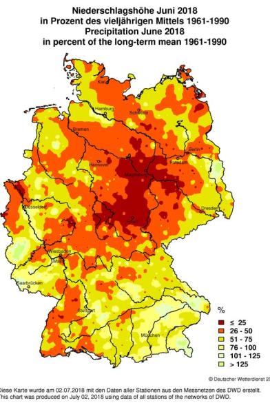 Karte: Niederschlagshöhe im Juni 2018 in Deutschland