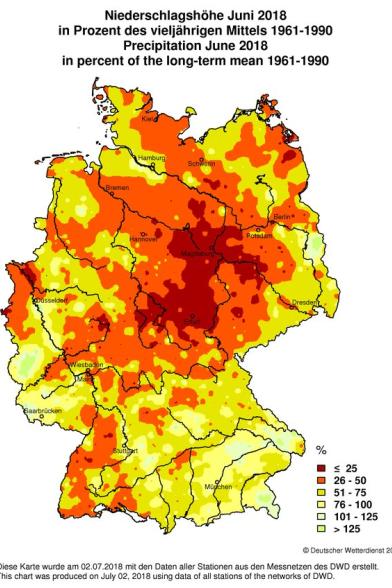 Karte: Niederschlagshöhe im Juni 2018 in Deutschland