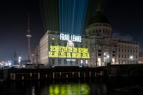 Greenpeace-Projektion für den Schutz der Ozeane am Reichstagsgebäude