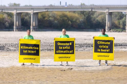 Drei Campaigner:innen stehen in Norditalien in ausgetrocknetem Flussbett, auf dem Banner: "Die Klimakrise ist hier"