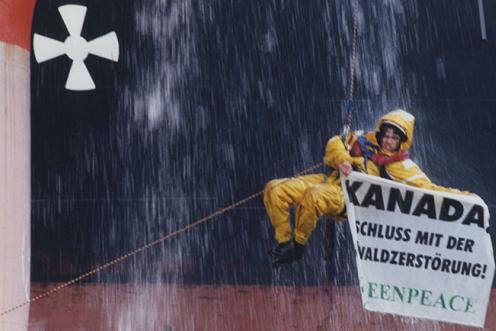 Greenpeace-Aktivist vor dem Holzfrachter "Saga Wind" im Hafen von Brake.
