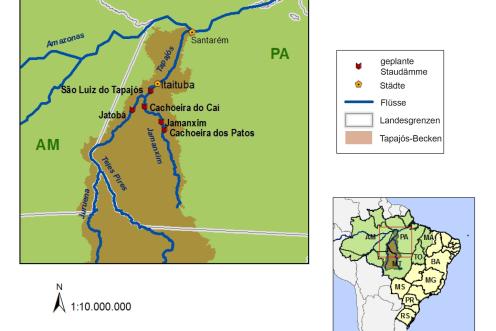 Karte mit den geplanten Staudämmen im Tapajós-Gebiet