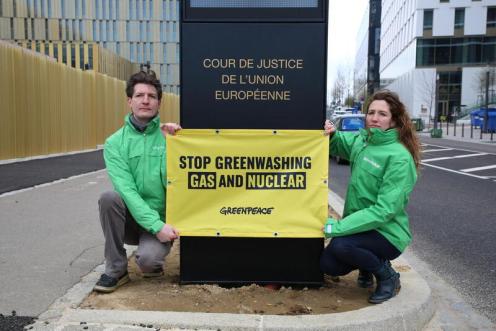 Acht Greenpeace-Länderbüros reichen am 18. April 2023 beim Gerichtshof der Europäischen Union in Luxemburg Klage ein, um das Greenwashing bei Gas und Atom in der EU-Taxonomie zu beenden.