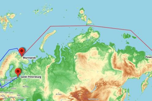 Russland-Karte mit der Route der Akademik Lomonosov von st. Petersburg nach Pewek
