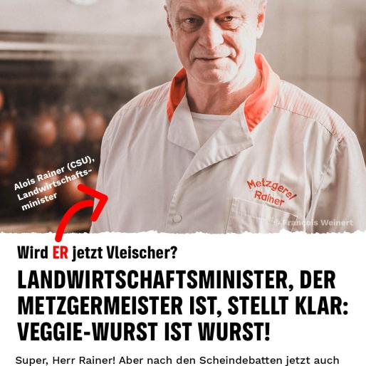 Landwirtschaftsminister Alois Rainer (CSU) stellt klar: Veggie-Wurst ist Wurst