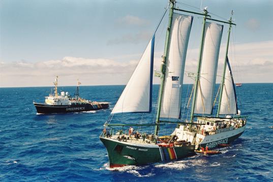 Greenpeace-Schiffe RAINBOW WARRIOR und MV GREENPEACE außerhalb der Sperrzone um Moruroa, um gegen FNT auf dem Atoll zu protestieren (08/1995)
