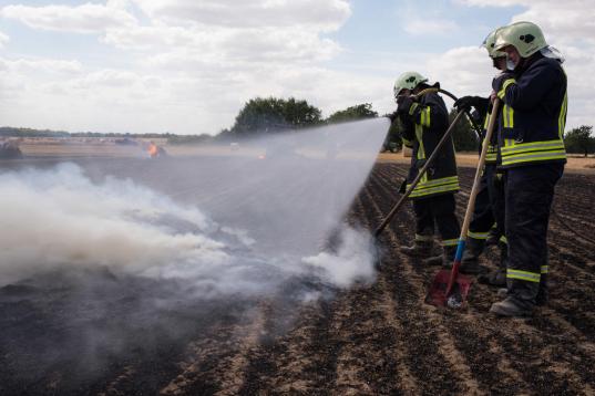 Brandbekämpfung eines Flächenbrandes auf einem Acker bei Thallwitz, Sachsen.