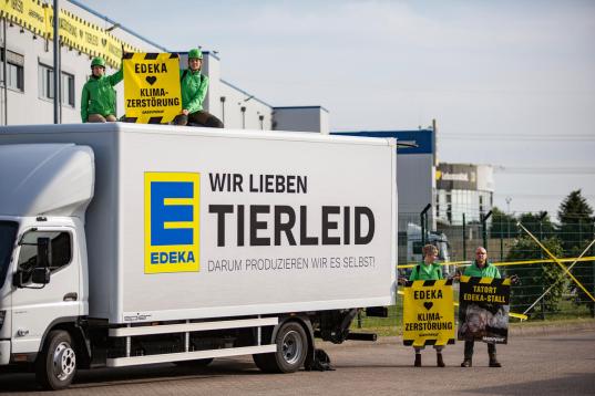 Ein LKW im Edeka-Design trägt den abgewandelten Marketing-Spruch „Wir lieben Tierleid, deshalb produzieren wir es selbst.”