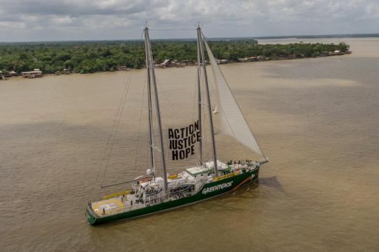 Drohnenbild der Rainbow Warrior mit Protestplakat "Action Justice Hope" vor dem Regenwald