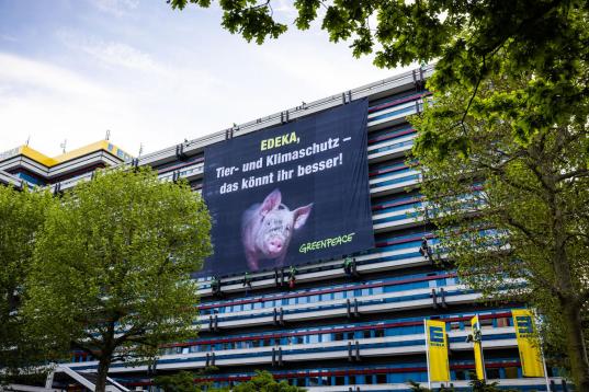 Greenpeace Aktivist:innen protestieren mit einem gebrochenen gelben Herz vor der Edeka-Zentrale in Hamburg. Auf dem Hauptbanner steht: "Edeka, Tier- und Klimaschutz - das könnt ihr besser!" 