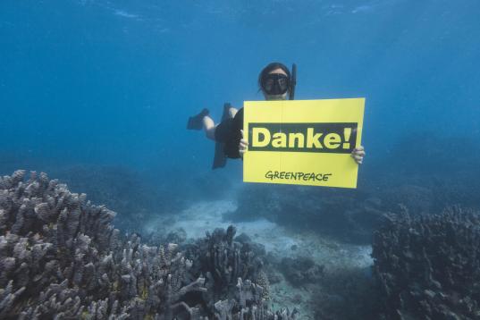 Greenpeace sagt "DANKE". Aufgenommen auf einer Expedition zur Dokumentation der Meereslebewesen und Landschaften, die von Woodsides geplantem Gaserweiterungsprojekt vor Westaustralien betroffen sein könnten.