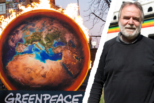 Roland Hipp und ein Symbol eines brennenden Planeten