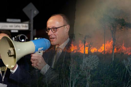 Collage Friedrich Merz links, Amazonas-Waldbrand rechts