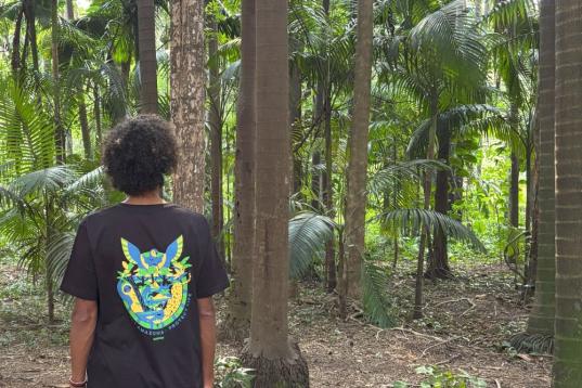 Mann im Regenwald von hinten mit Amazonas-Shirt