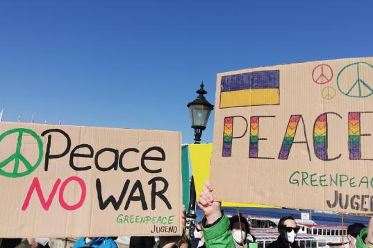 Schilder auf Anti-Kriegs Demonstration der Greenpeace Jugendlichen
