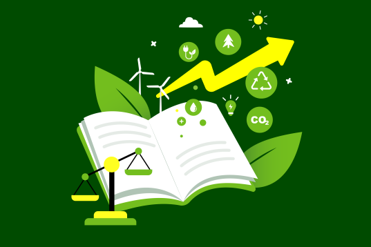 Illustration: offenes Buch mit weiteren Icons drum herum, z.B. Windräder, Blätter, Waage