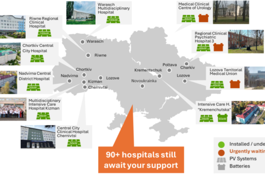 Karte der Krankenhäuser in der Ukraine, die von Greenpeace mit Solaranlagen versorgt werden
