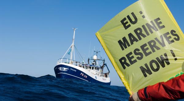 Ein Greenpeace Aktivist hält ein Banner mit der Aufschrift "EU: Meeresschutzgebiete jetzt!", während im Hintergrund der schottische Fischfänger "Falcon" zu sehen ist. 