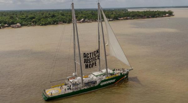 Drohnenbild der Rainbow Warrior mit Protestplakat "Action Justice Hope" vor dem Regenwald