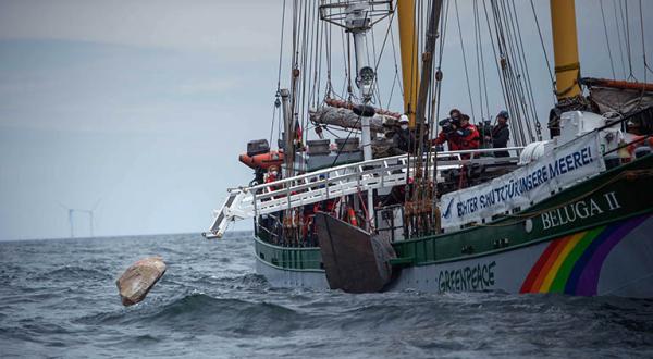 Meeresschützer*innen versenken von Bord der „Beluga II“ am Adlergrund Granitsteine