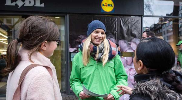 Judith Blümcke (Mitte) von Greenpeace Köln im Gespräch mit Passanten. Im Hintergrund überdecken andere die Fensterscheiben einer Lidl-Filiale von außen mit Fotos aus Schweineställen.
