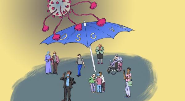 Grafik: Schirm schützt Menschen von einem  Corona-Virus