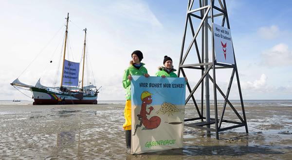 Greenpeace-Aktivisten im Wattenmeer mit Banner