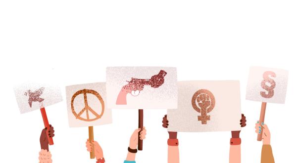 Grafik von Armen, die Schilder mit Frauen- und Peace-Zeichen halten