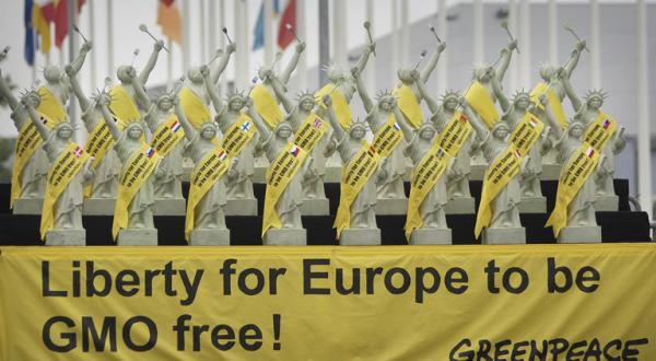 Greenpeace-Aktivisten mit Banner gegen genetisch manipulierte Pflanzen