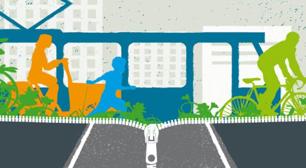 Parking-Day-Grafik, stilisierte Radfahrer, Fußgänger, Straßenbahn