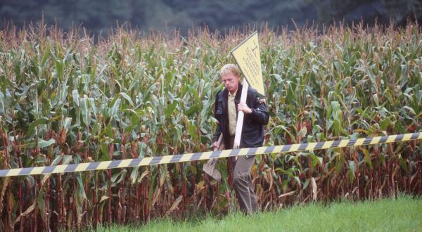 Polizist vor Maisfeld, Aktion zu genmanipuliertem Mais